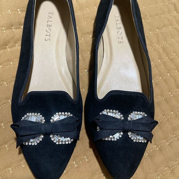 Talbots Black leather upper bow rhinestone flat 5M - Picture 1 of 9